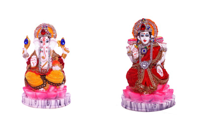 Goddess Lakshmi Ganesha Statue Hand Painted Cultured Marble Lakshmi Ganesha Statues Pair of Lakshmi Ganesh Idol Sculpture Lord Ganesha Laxmi murti for Diwali Pooja| (Multicolor)